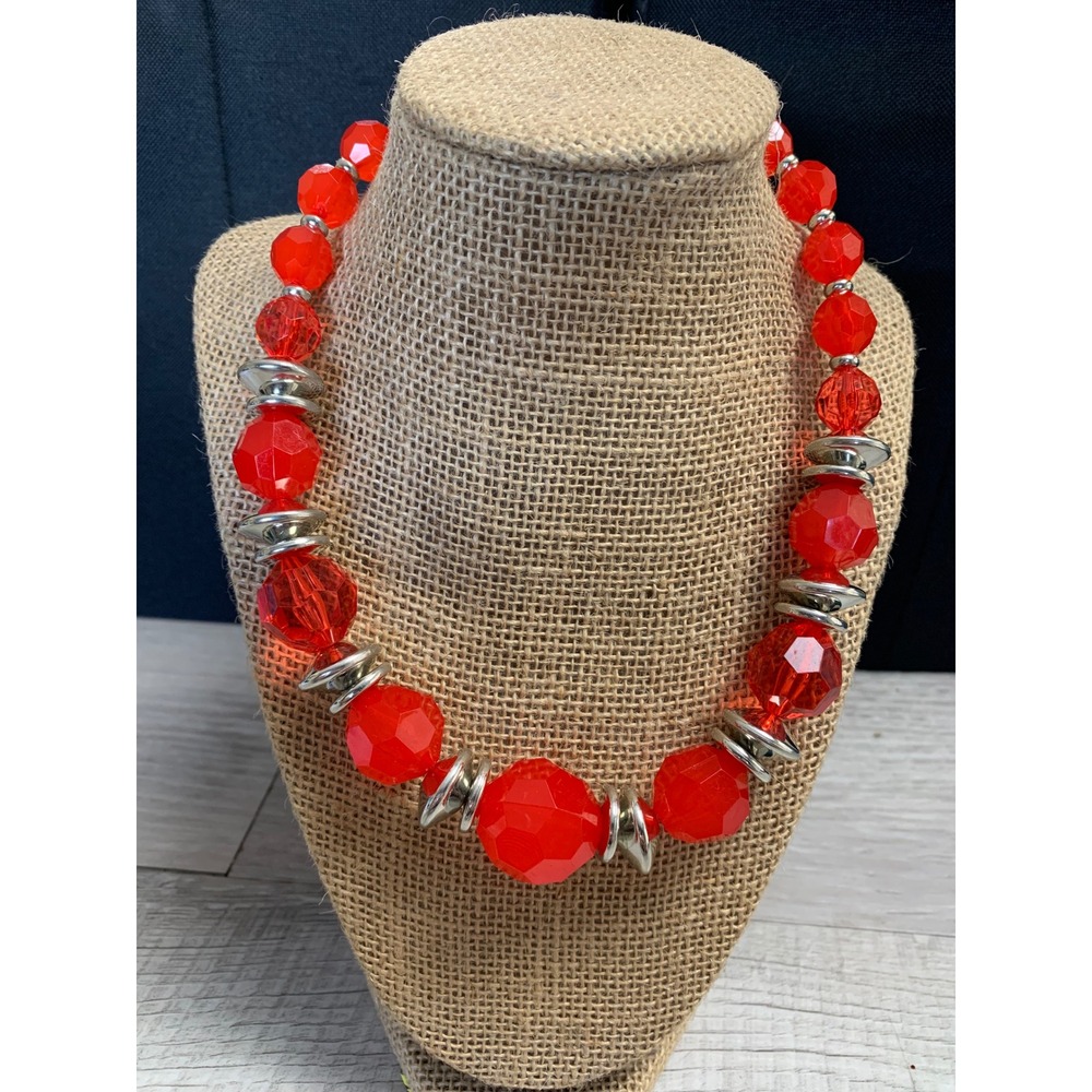 Vintage 90s‎ Red Chunky Beaded Statement Necklace Silver Tone Accents 16 Inch